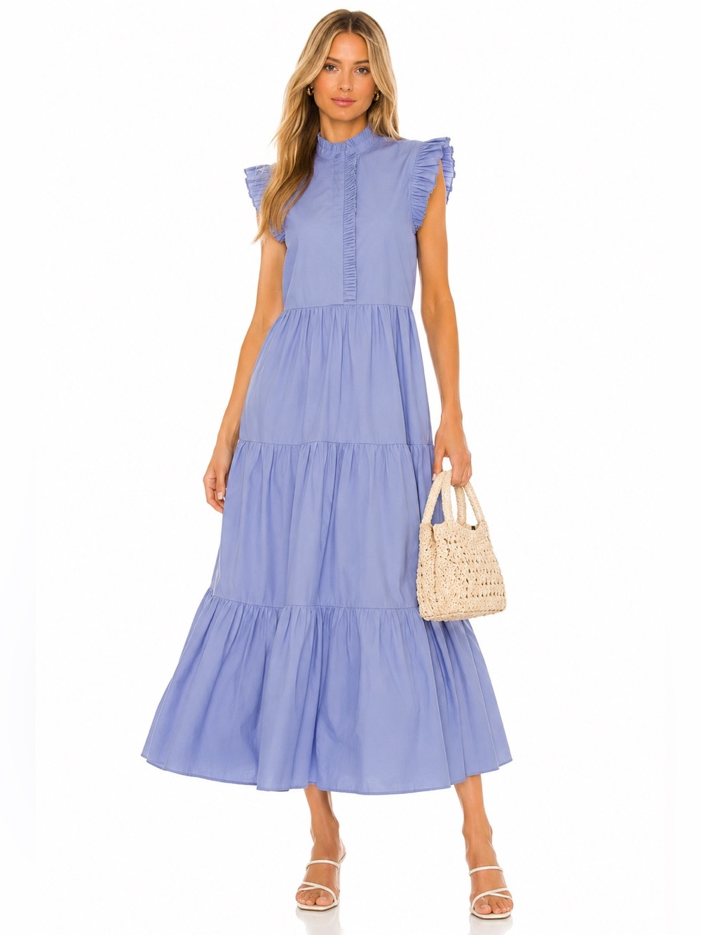 Twinset Milano Ruffle Trim Tiered Maxi Dress | Periwinkle Blue | 100% Cotton